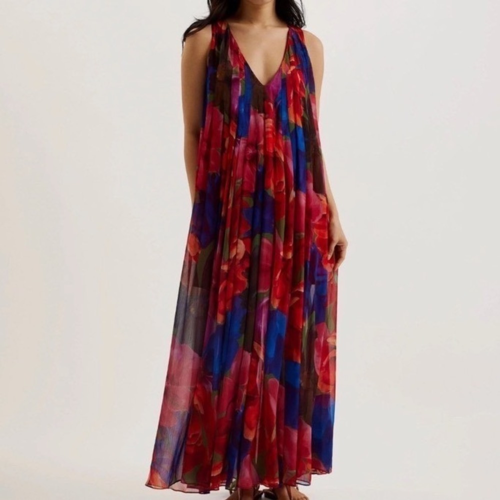 Ted Baker Rabiusa Floral Maxi Dress Red Pink Blue Pleated V-Neck Sleeveless sz 2